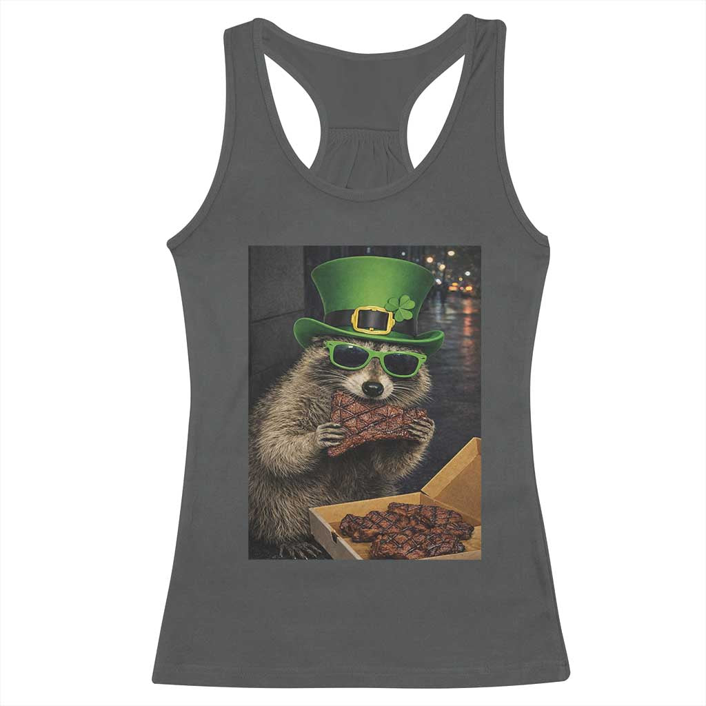 Funny Raccoon St Patrick's Day Racerback Tank Top Raccoon Eating Corned Beef Meme TS14 Dark Heather Print Your Wear