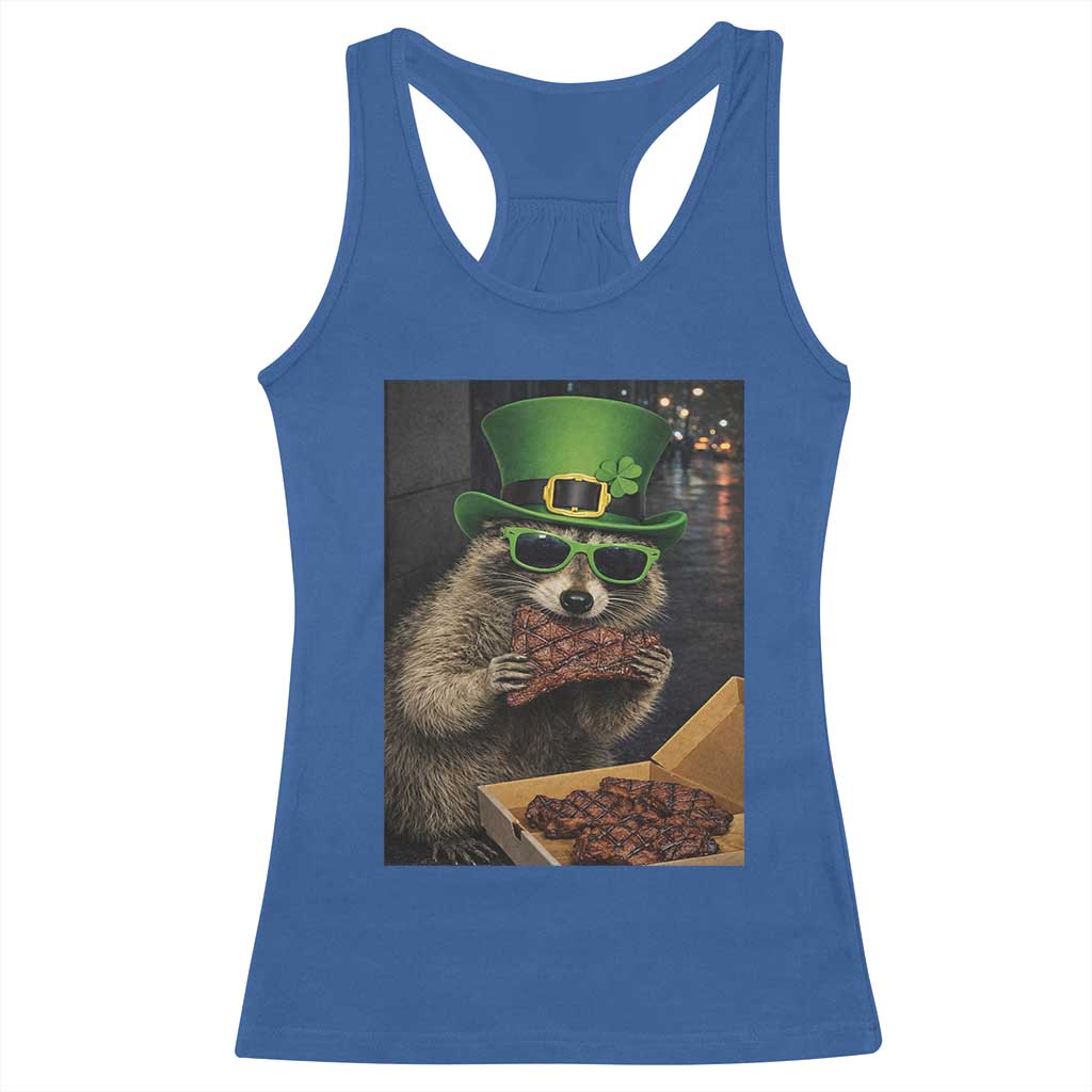Funny Raccoon St Patrick's Day Racerback Tank Top Raccoon Eating Corned Beef Meme TS14 Royal Blue Print Your Wear
