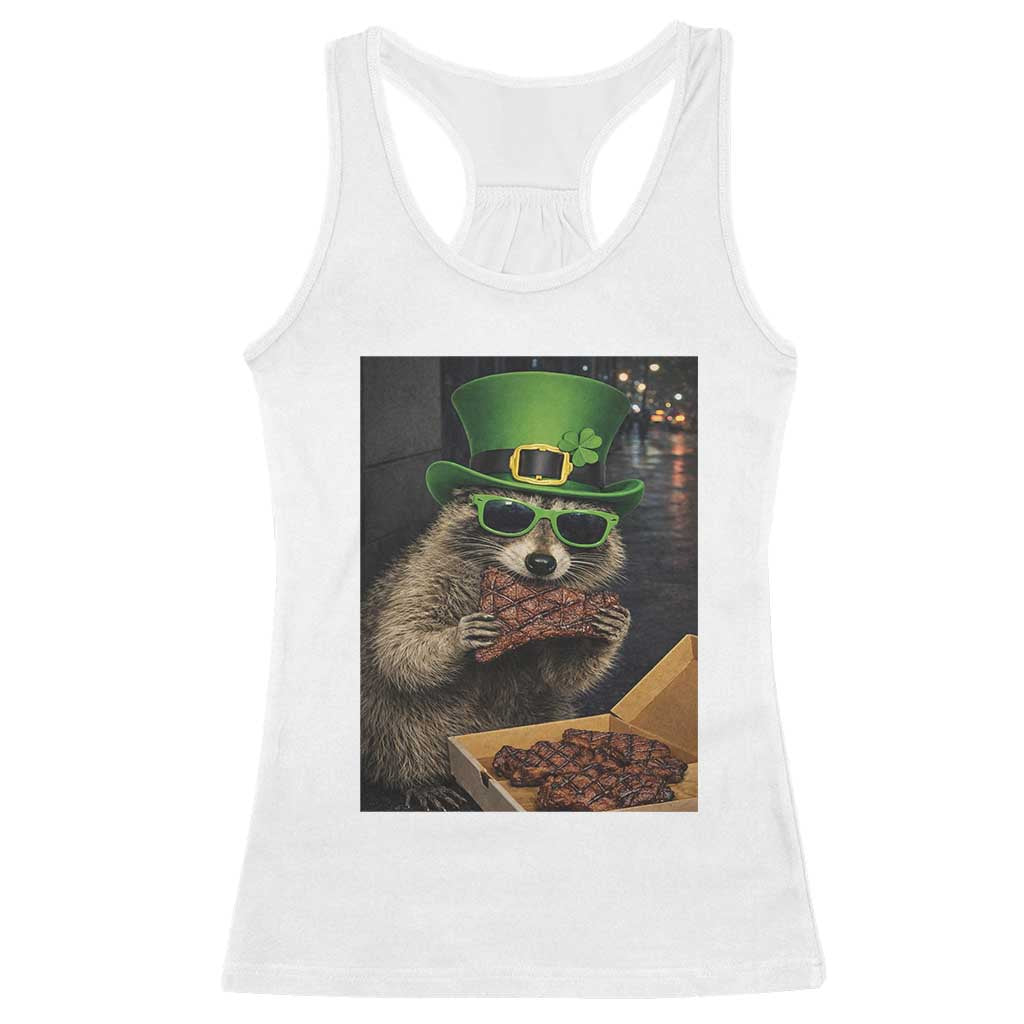 Funny Raccoon St Patrick's Day Racerback Tank Top Raccoon Eating Corned Beef Meme TS14 White Print Your Wear