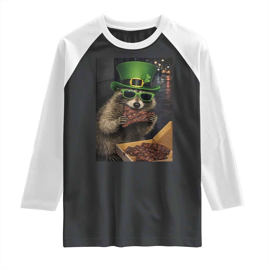 Funny Raccoon St Patrick's Day Raglan Shirt Raccoon Eating Corned Beef Meme TS14 Black White Print Your Wear