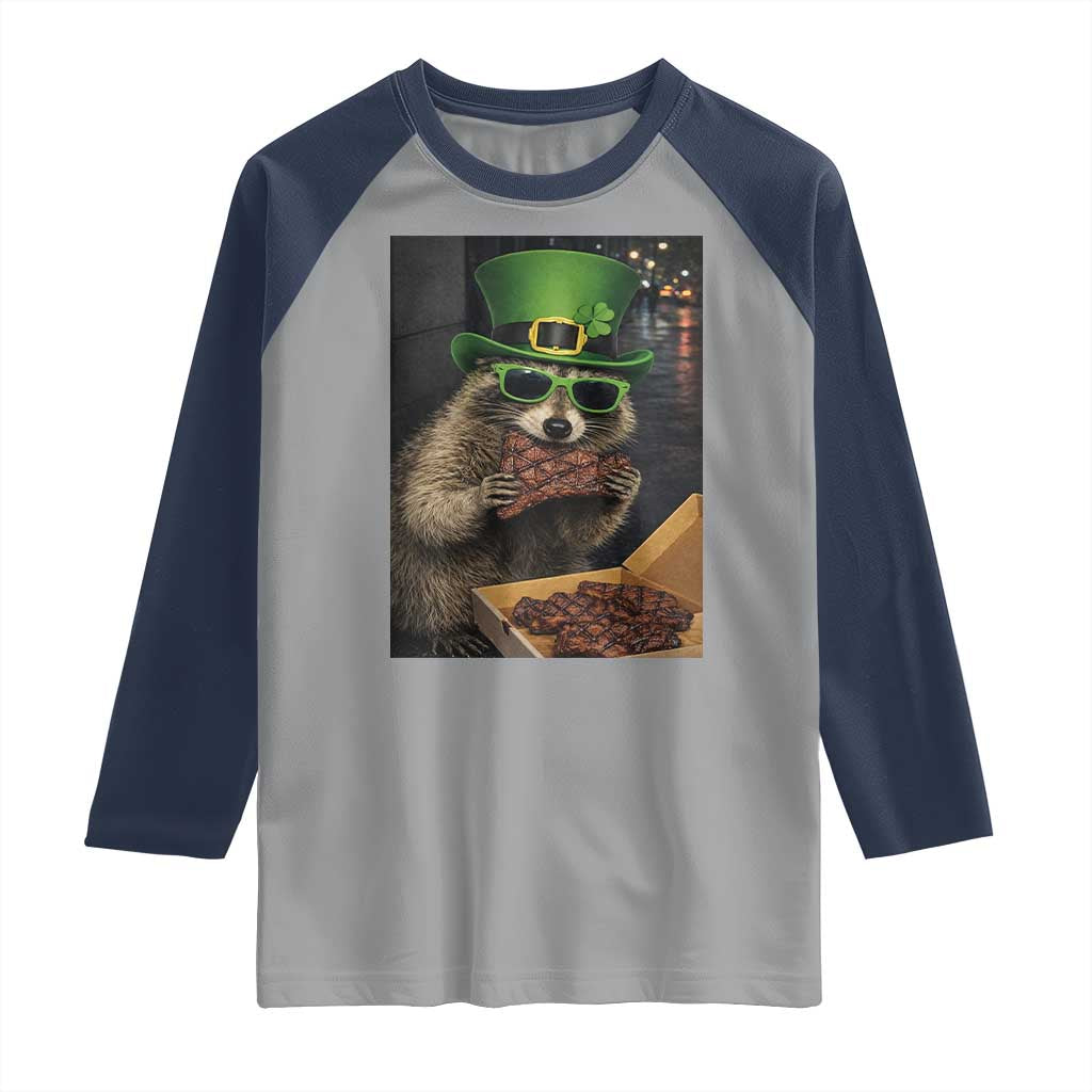 Funny Raccoon St Patrick's Day Raglan Shirt Raccoon Eating Corned Beef Meme TS14 Sport Gray Navy Print Your Wear