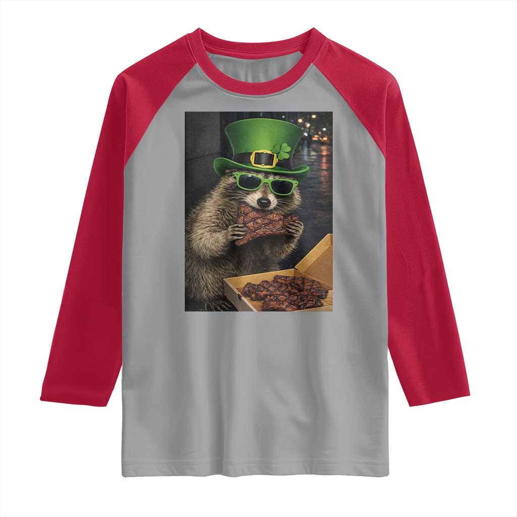 Funny Raccoon St Patrick's Day Raglan Shirt Raccoon Eating Corned Beef Meme TS14 Sport Gray Red Print Your Wear
