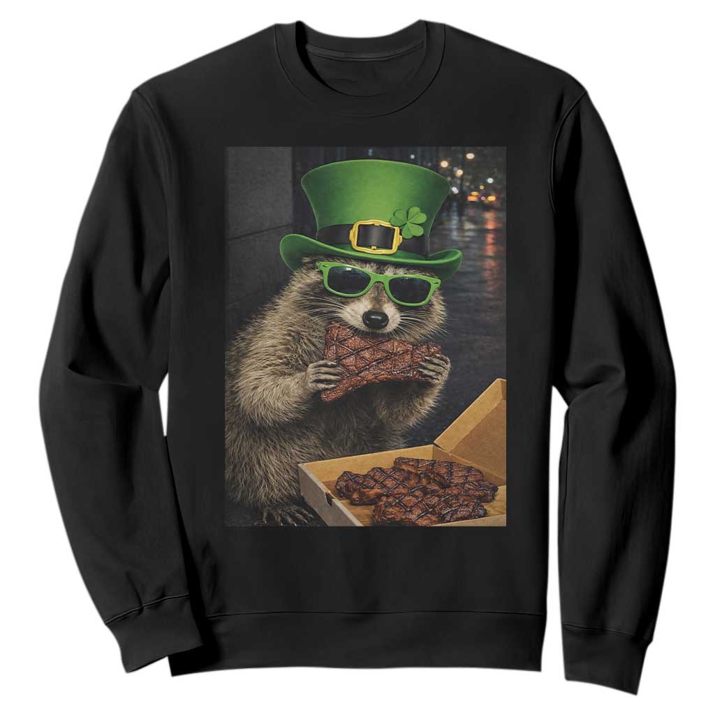 Funny Raccoon St Patrick's Day Sweatshirt Raccoon Eating Corned Beef Meme TS14 Black Print Your Wear