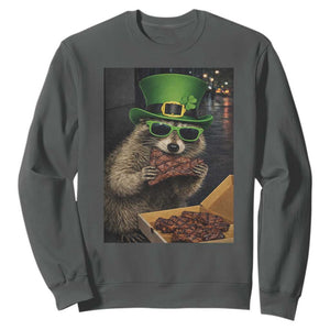 Funny Raccoon St Patrick's Day Sweatshirt Raccoon Eating Corned Beef Meme TS14 Dark Heather Print Your Wear