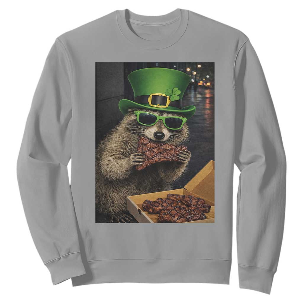 Funny Raccoon St Patrick's Day Sweatshirt Raccoon Eating Corned Beef Meme TS14 Sport Gray Print Your Wear