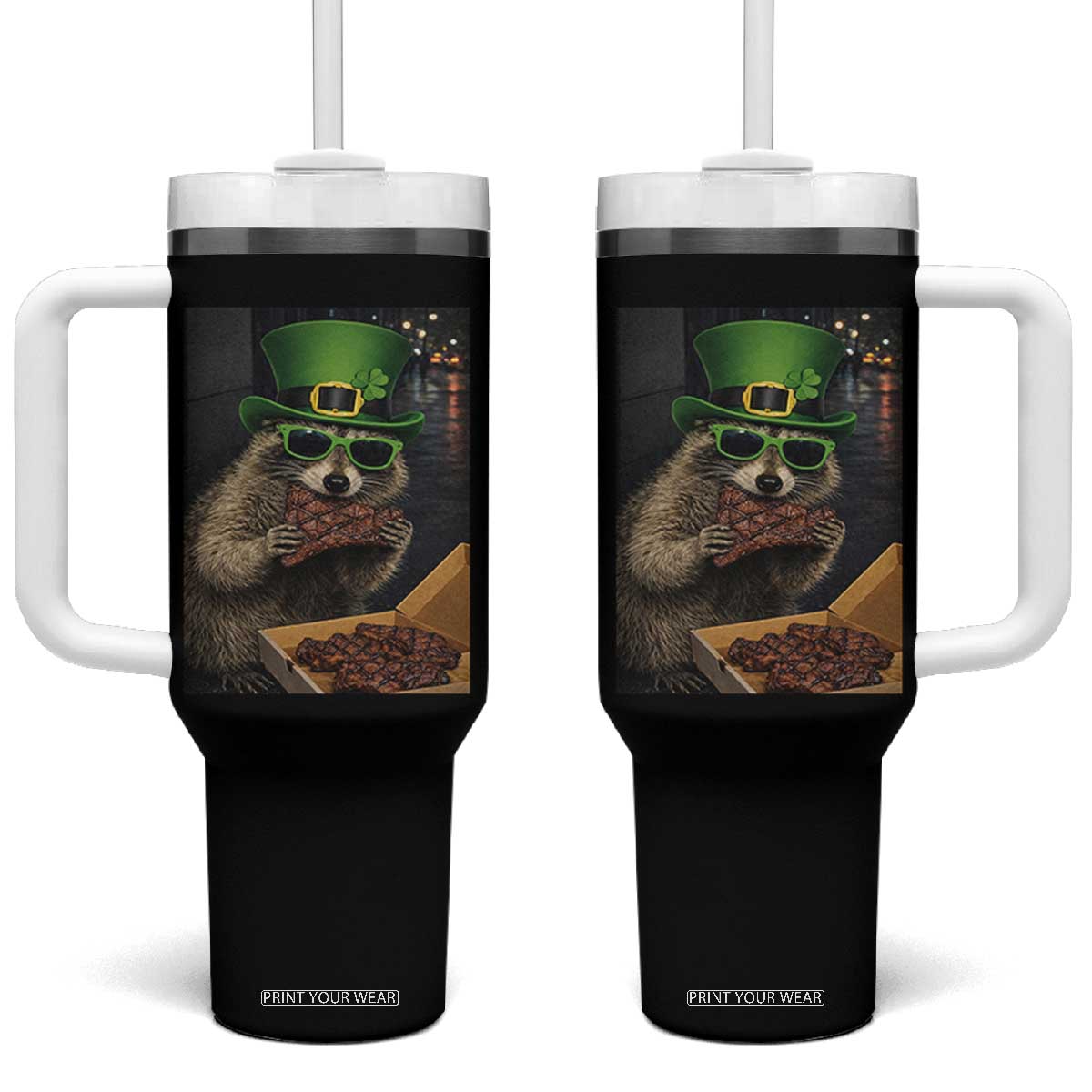 Funny Raccoon St Patrick's Day Tumbler With Handle Raccoon Eating Corned Beef Meme TS14 One Size: 40 oz Black Print Your Wear
