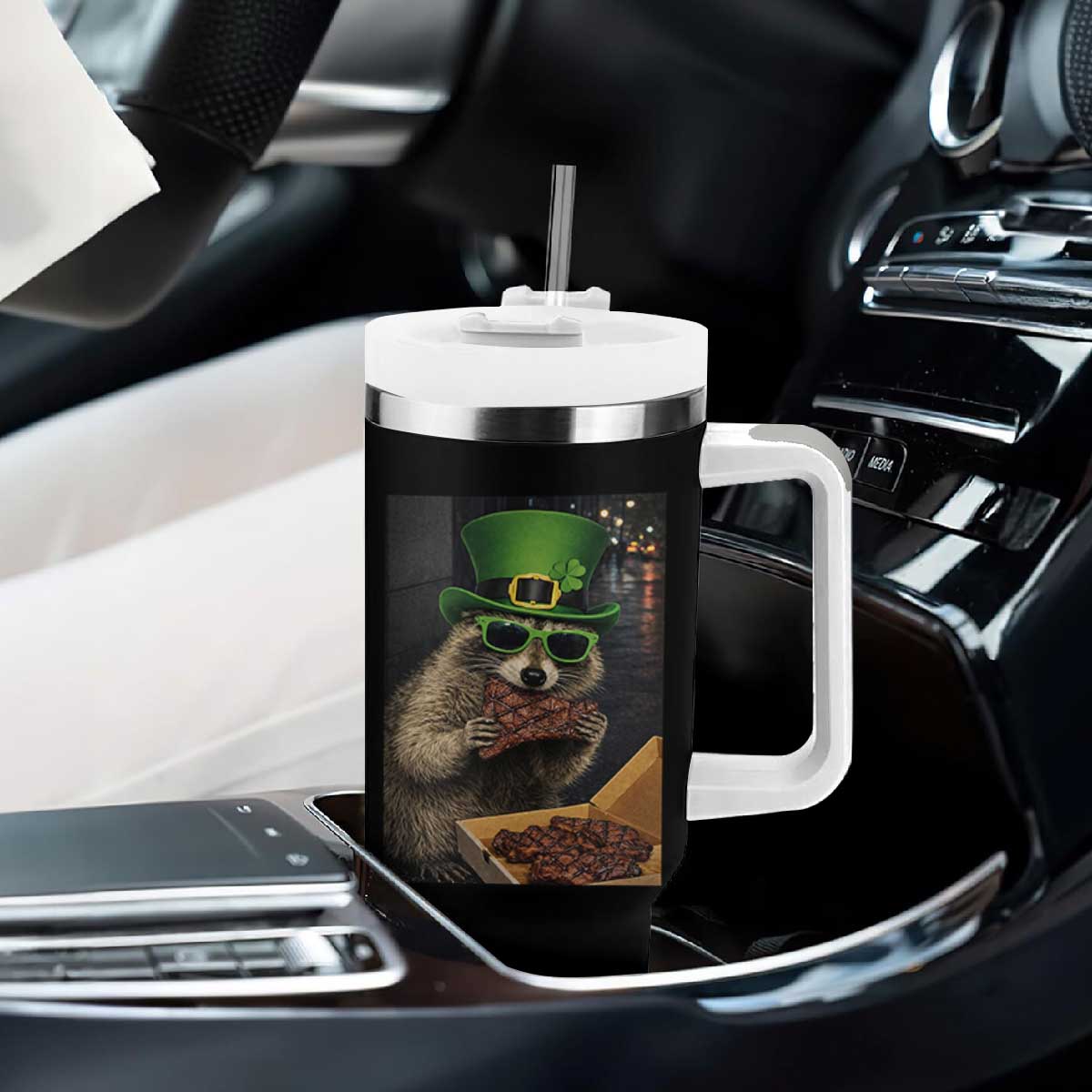 Funny Raccoon St Patrick's Day Tumbler With Handle Raccoon Eating Corned Beef Meme TS14 Print Your Wear