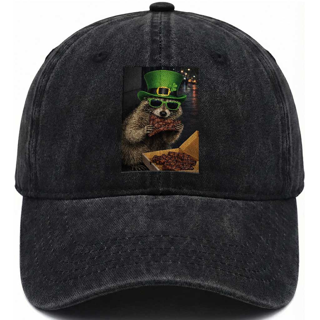 Funny Raccoon St Patrick's Day Washed Cotton Baseball Cap Raccoon Eating Corned Beef Meme TS14 Washed Cap Universal Fit Black Print Your Wear