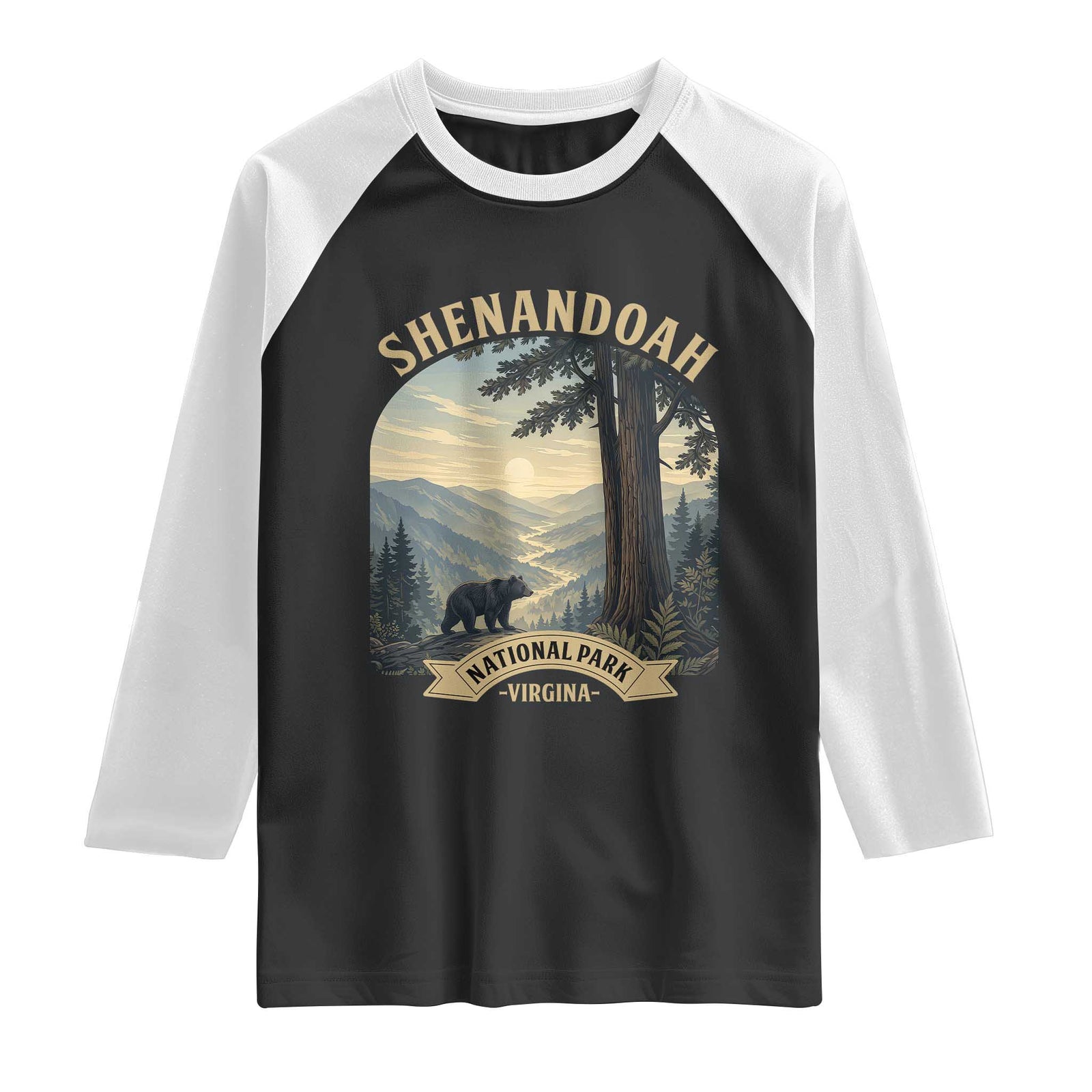 Shenandoah National Park Raglan Shirt Vintage Virginia Nature Mountain Bear TS14 Black White Print Your Wear