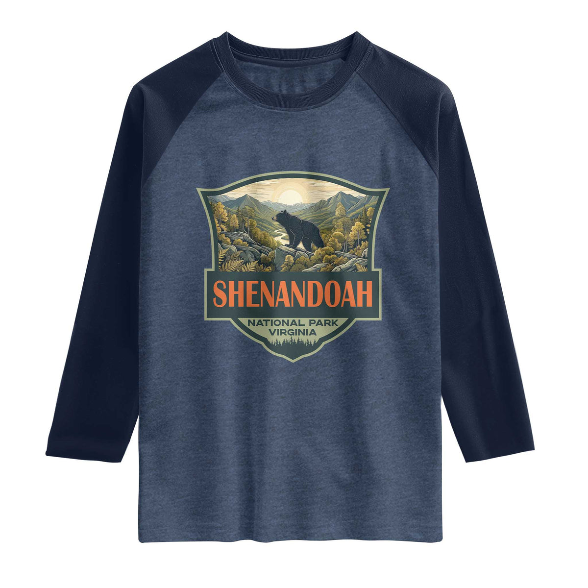 Shenandoah National Park Raglan Shirt Virginia Black Bear Mountain TS14 Heather Denim Navy Print Your Wear