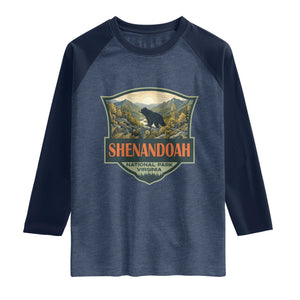 Shenandoah National Park Raglan Shirt Virginia Black Bear Mountain TS14 Heather Denim Navy Print Your Wear