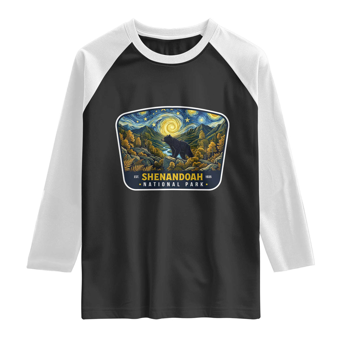 Shenandoah National Park Raglan Shirt Starry Night Virginia Bear Mountain TS14 Black White Print Your Wear