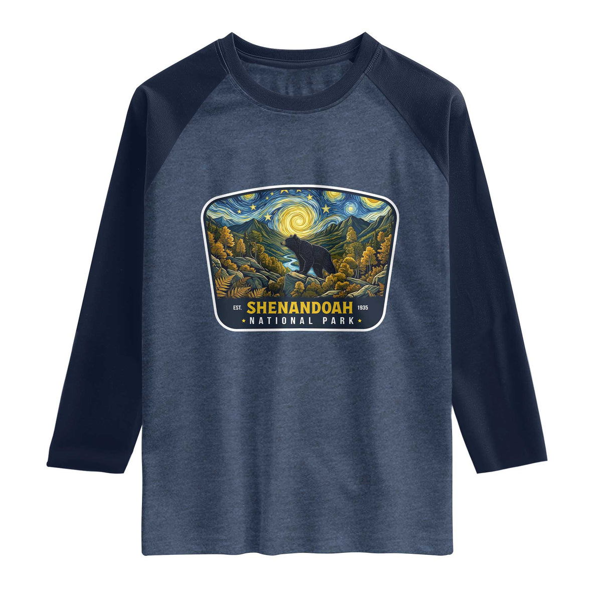 Shenandoah National Park Raglan Shirt Starry Night Virginia Bear Mountain TS14 Heather Denim Navy Print Your Wear
