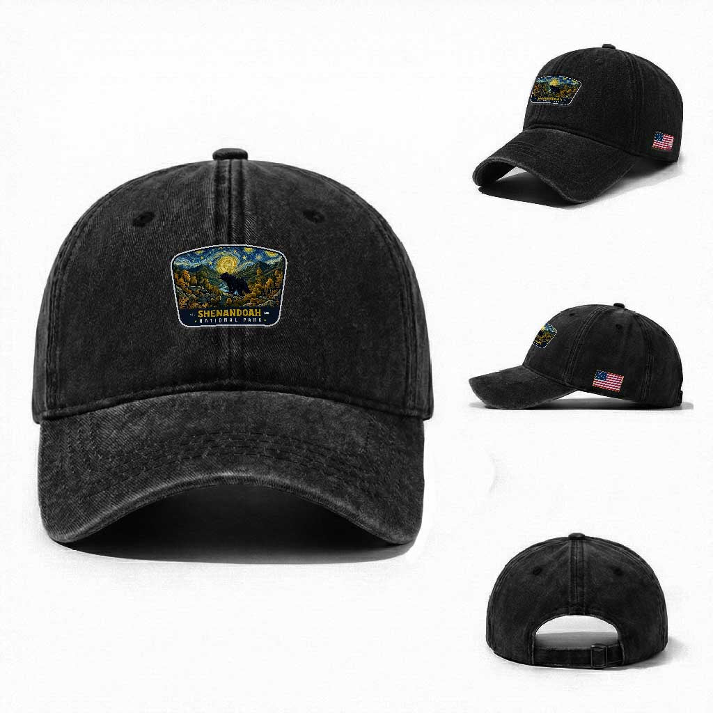 Shenandoah National Park Washed Cotton Baseball Cap Starry Night Virginia Bear Mountain TS14 Washed Cap Universal Fit Black Print Your Wear