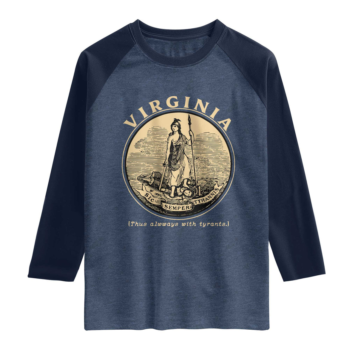 Vintage Virginia Motto Sic Semper Tyrannis Raglan Shirt TS14 Heather Denim Navy Print Your Wear