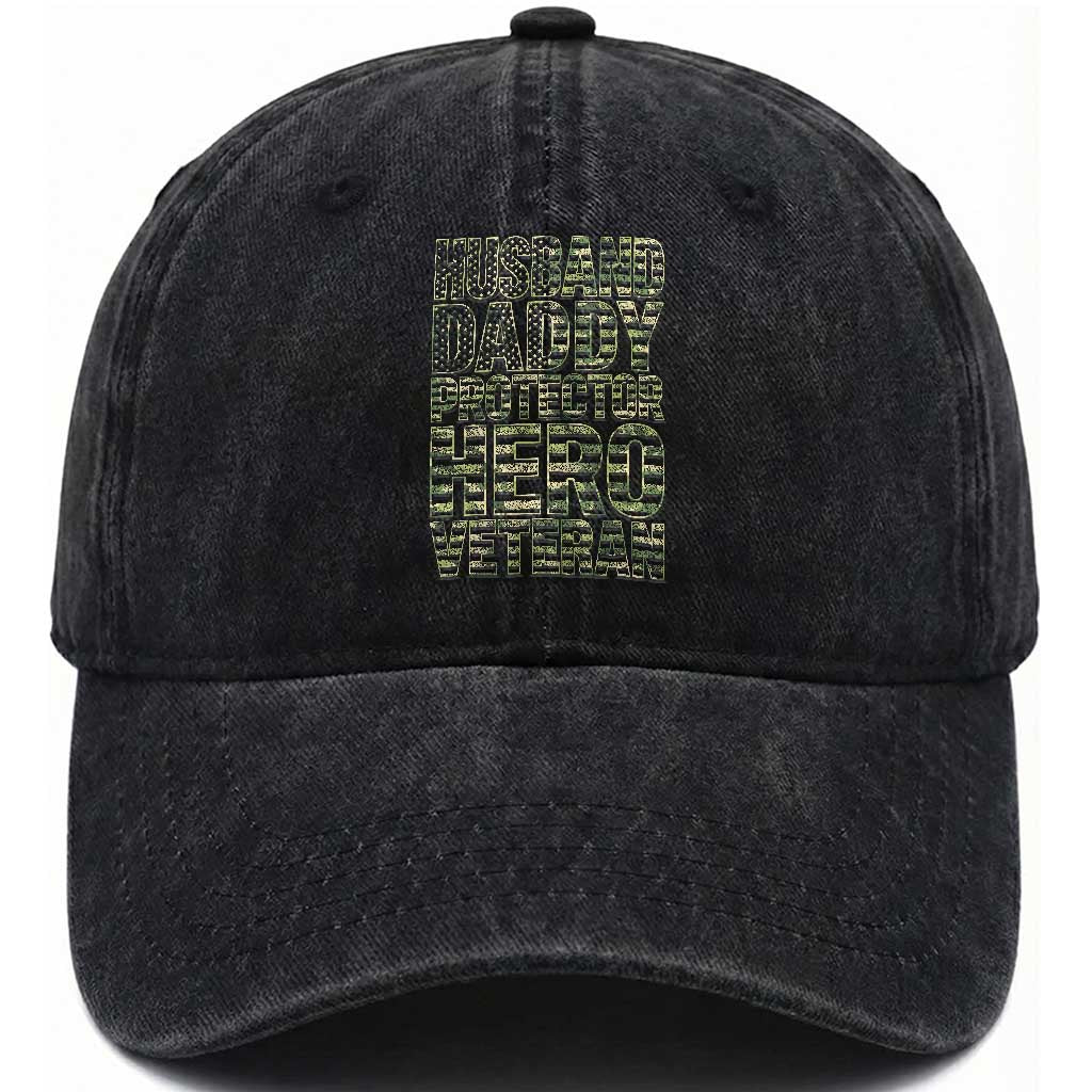 Husband Daddy Protector Hero Veteran Washed Cotton Baseball Cap Father's Day American Flag Camouflage TS14 Print Your Wear