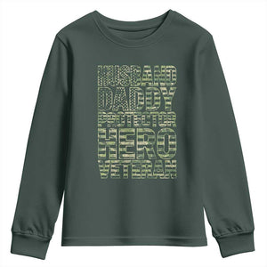 Husband Daddy Protector Hero Veteran Youth Sweatshirt Father's Day American Flag Camouflage TS14 Dark Forest Green Print Your Wear