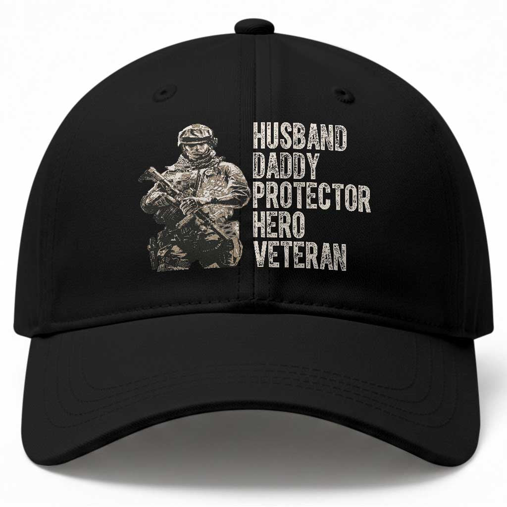 Husband Daddy Protector Hero Veteran Baseball Cap Patriotic American Flag Camo Father's Day TS14 Print Your Wear