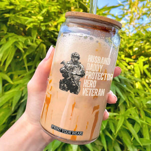 Husband Daddy Protector Hero Veteran Glass Can Patriotic American Flag Camo Father's Day TS14 Black Print Your Wear