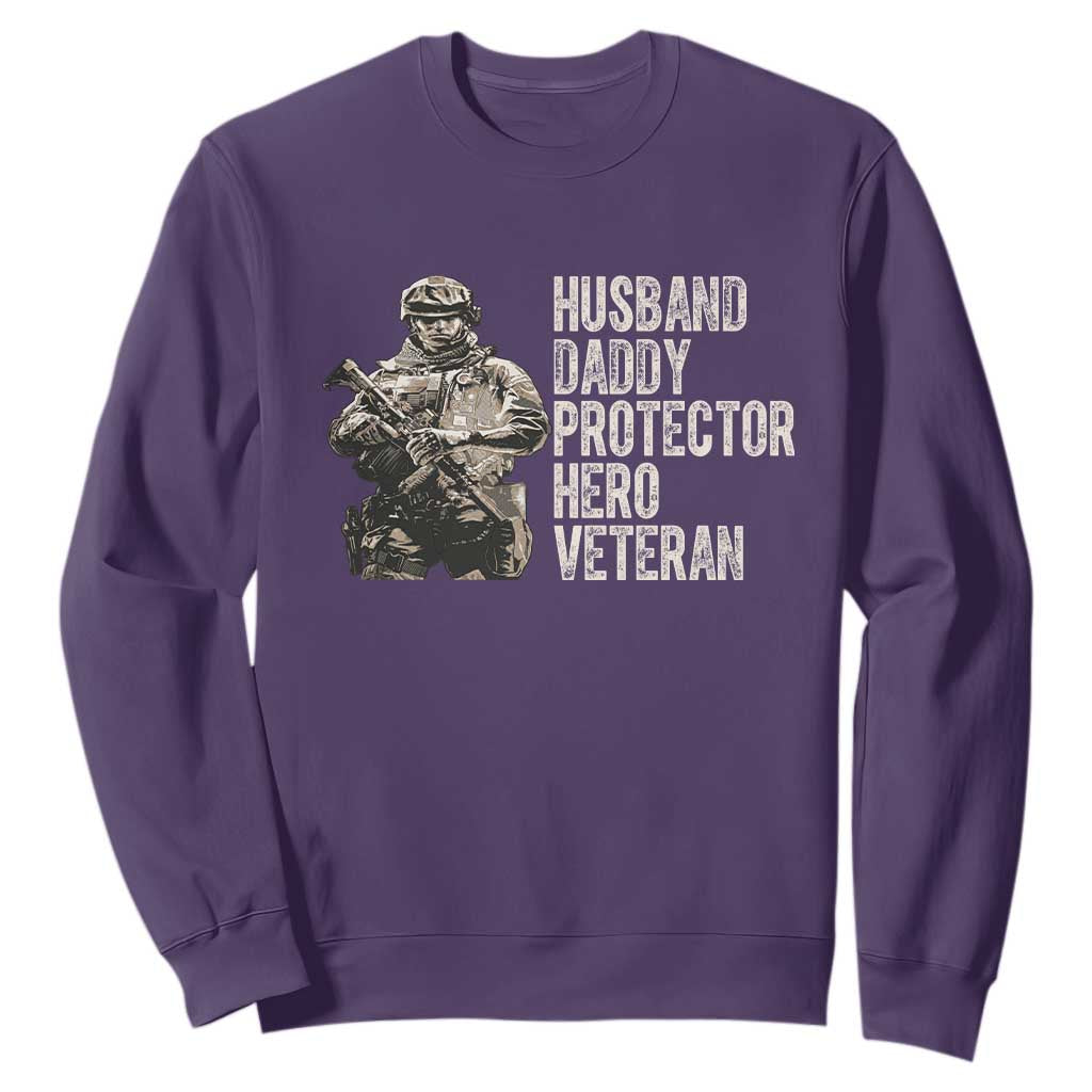 Husband Daddy Protector Hero Veteran Sweatshirt Patriotic American Flag Camo Father's Day TS14 Purple Print Your Wear