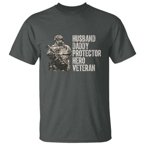 Husband Daddy Protector Hero Veteran T Shirt Patriotic American Flag Camo Father's Day TS14 Dark Heather Print Your Wear
