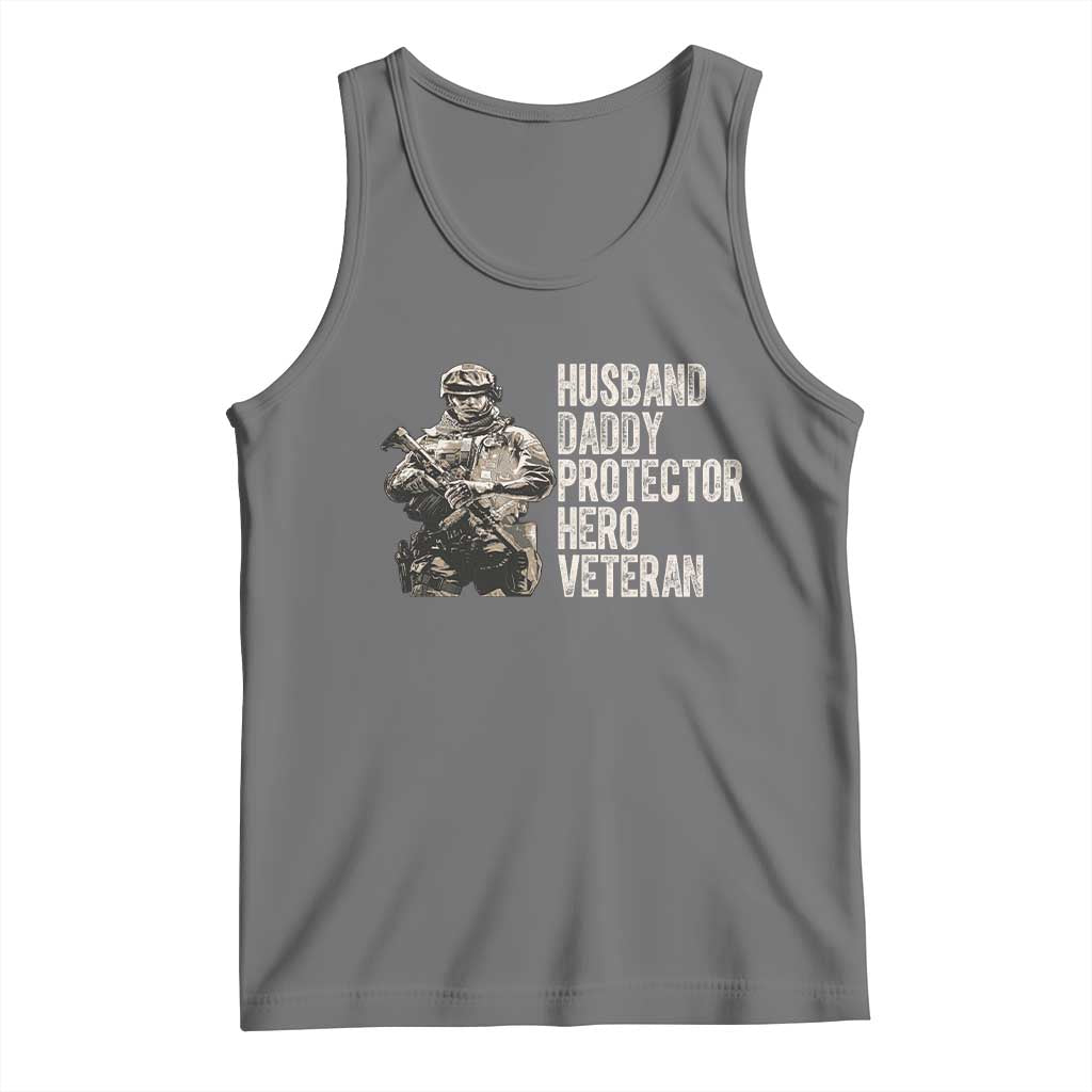Husband Daddy Protector Hero Veteran Tank Top Patriotic American Flag Camo Father's Day TS14 Black Heather Print Your Wear