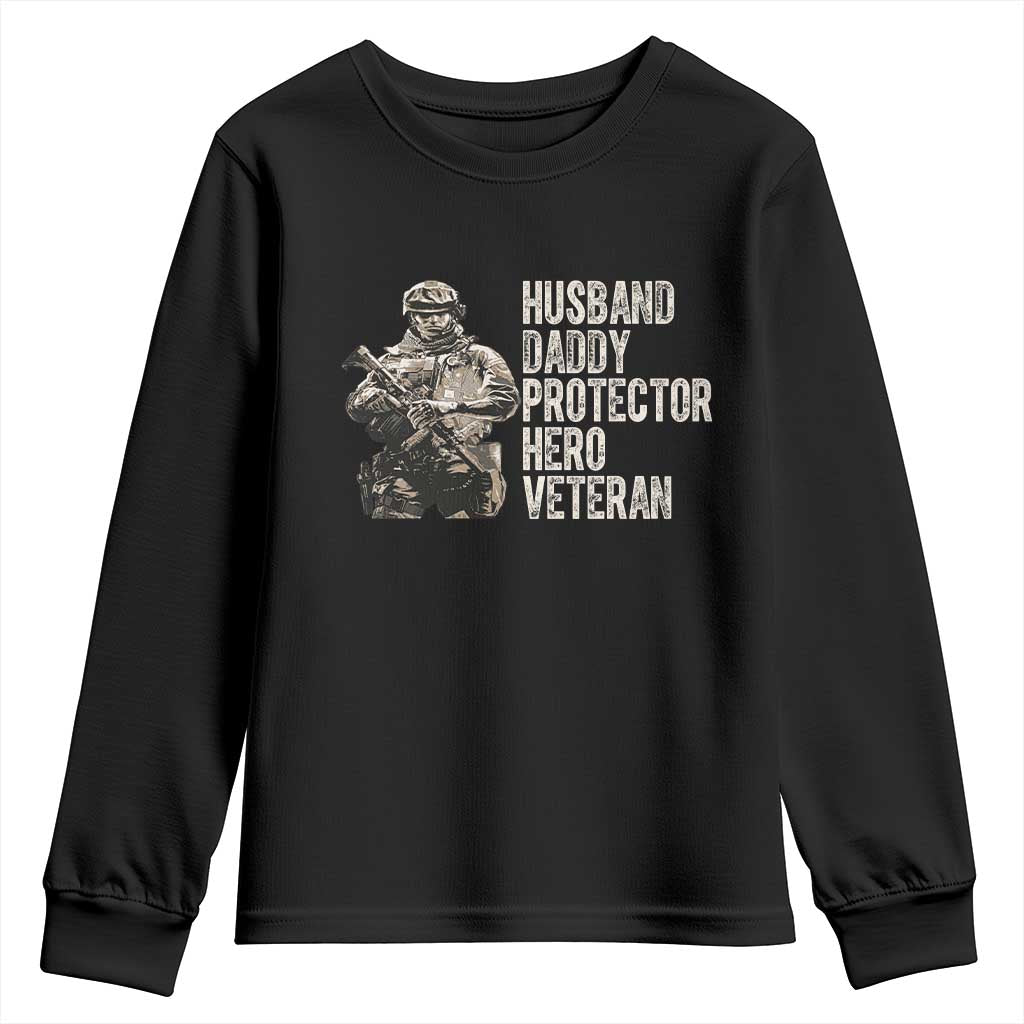 Husband Daddy Protector Hero Veteran Youth Sweatshirt Patriotic American Flag Camo Father's Day TS14 Black Print Your Wear
