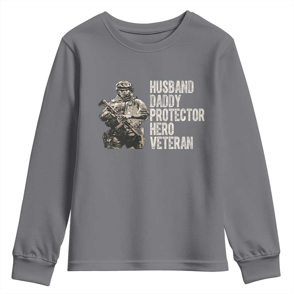 Husband Daddy Protector Hero Veteran Youth Sweatshirt Patriotic American Flag Camo Father's Day TS14 Charcoal Print Your Wear