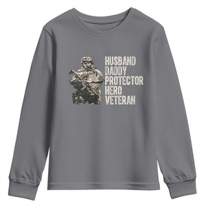 Husband Daddy Protector Hero Veteran Youth Sweatshirt Patriotic American Flag Camo Father's Day TS14 Charcoal Print Your Wear