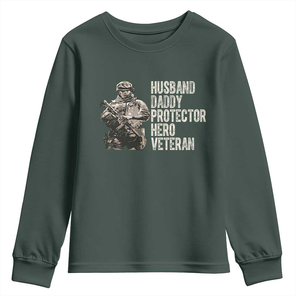 Husband Daddy Protector Hero Veteran Youth Sweatshirt Patriotic American Flag Camo Father's Day TS14 Dark Forest Green Print Your Wear