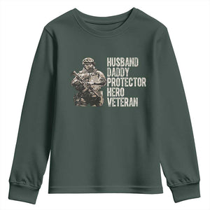 Husband Daddy Protector Hero Veteran Youth Sweatshirt Patriotic American Flag Camo Father's Day TS14 Dark Forest Green Print Your Wear