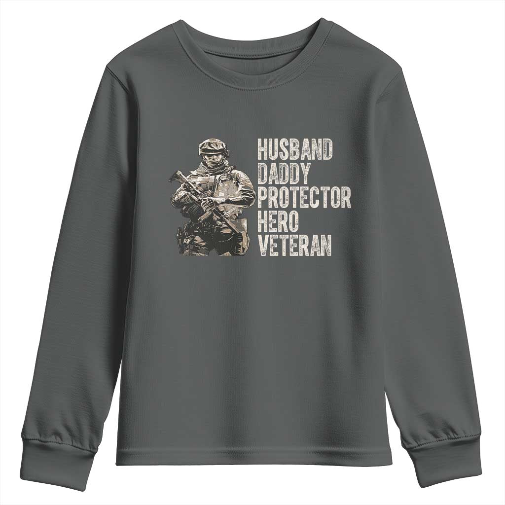 Husband Daddy Protector Hero Veteran Youth Sweatshirt Patriotic American Flag Camo Father's Day TS14 Dark Heather Print Your Wear