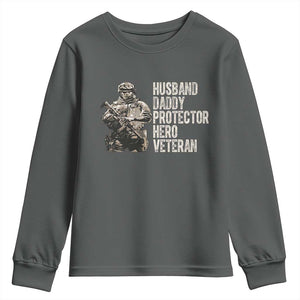 Husband Daddy Protector Hero Veteran Youth Sweatshirt Patriotic American Flag Camo Father's Day TS14 Dark Heather Print Your Wear