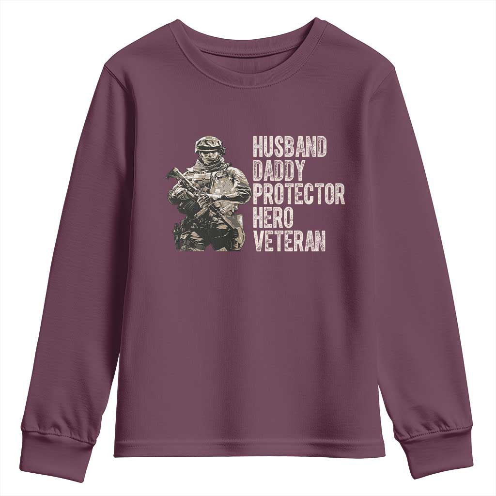 Husband Daddy Protector Hero Veteran Youth Sweatshirt Patriotic American Flag Camo Father's Day TS14 Maroon Print Your Wear