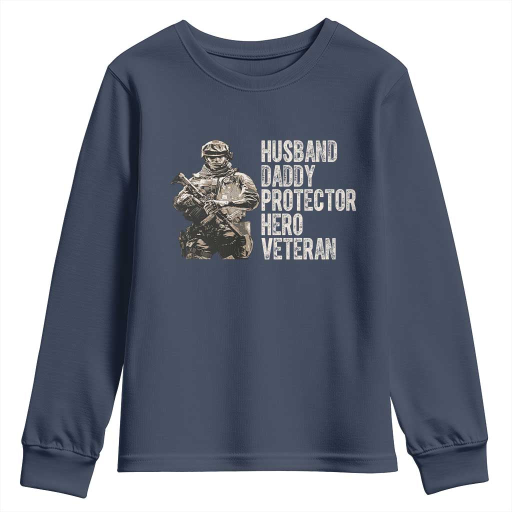 Husband Daddy Protector Hero Veteran Youth Sweatshirt Patriotic American Flag Camo Father's Day TS14 Navy Print Your Wear