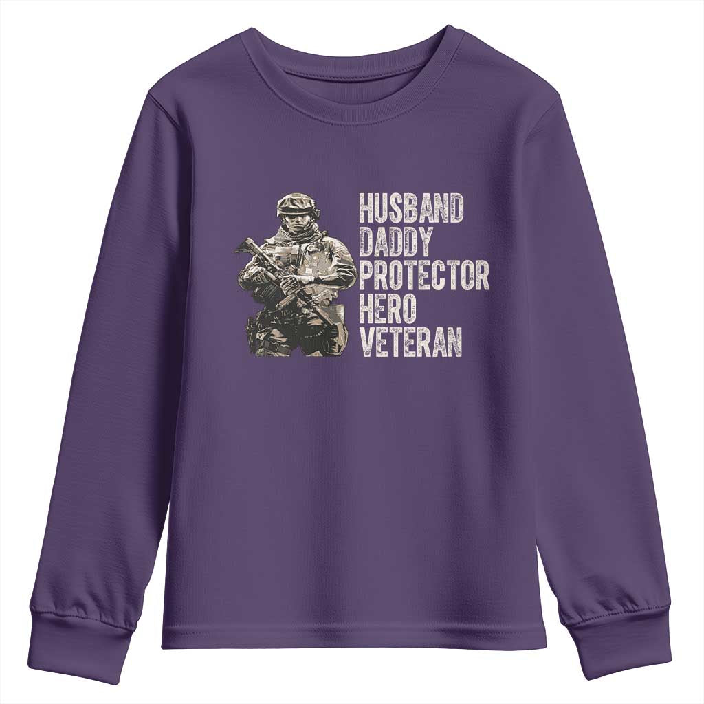 Husband Daddy Protector Hero Veteran Youth Sweatshirt Patriotic American Flag Camo Father's Day TS14 Purple Print Your Wear