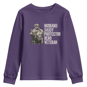 Husband Daddy Protector Hero Veteran Youth Sweatshirt Patriotic American Flag Camo Father's Day TS14 Purple Print Your Wear