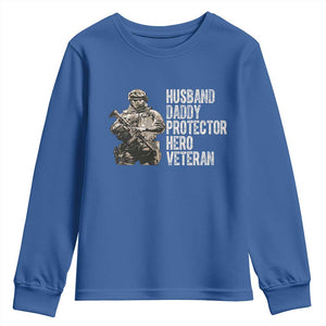 Husband Daddy Protector Hero Veteran Youth Sweatshirt Patriotic American Flag Camo Father's Day TS14 Royal Blue Print Your Wear