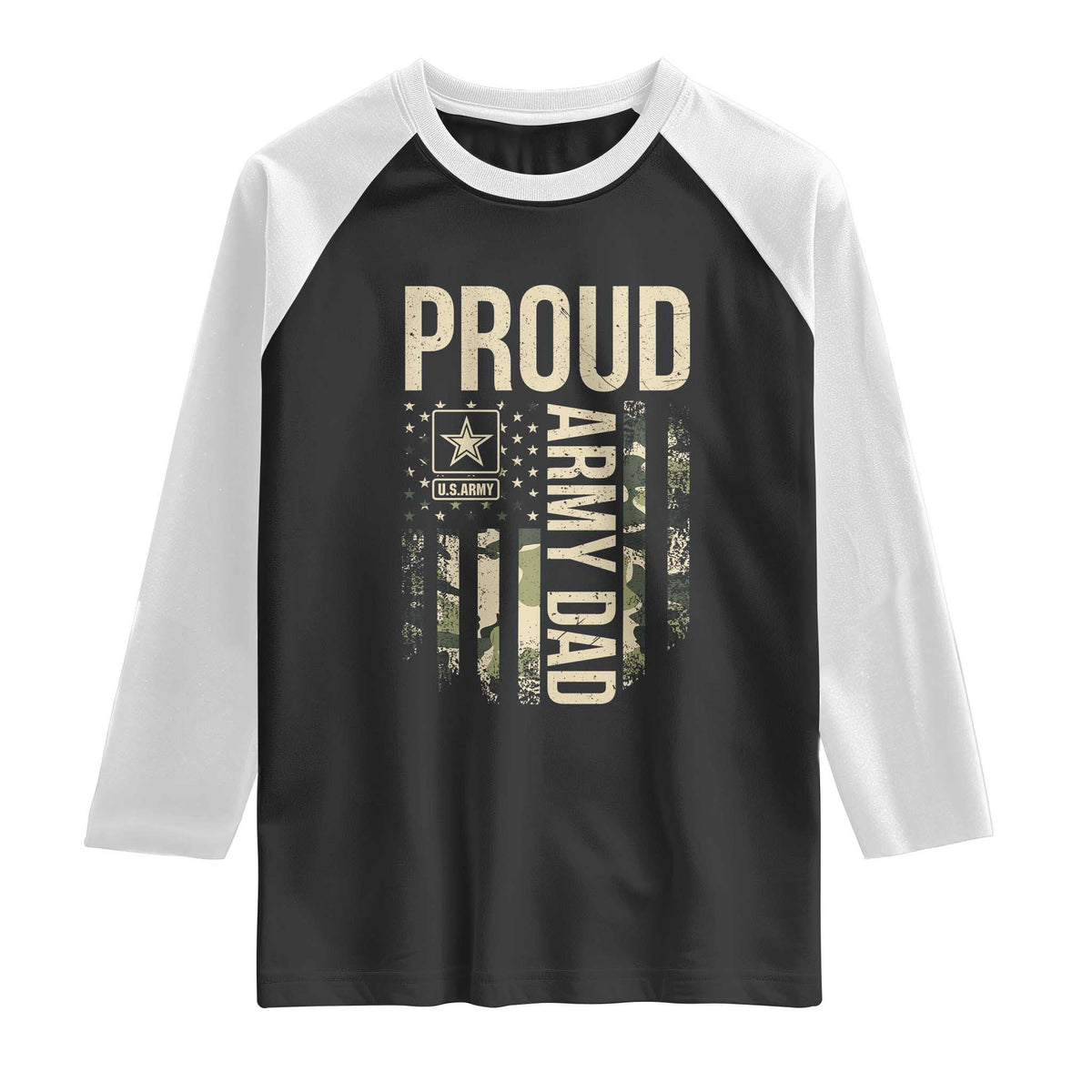 Proud Army Dad Camo American Flag Veteran Gift Raglan Shirt TS14 Black White Print Your Wear