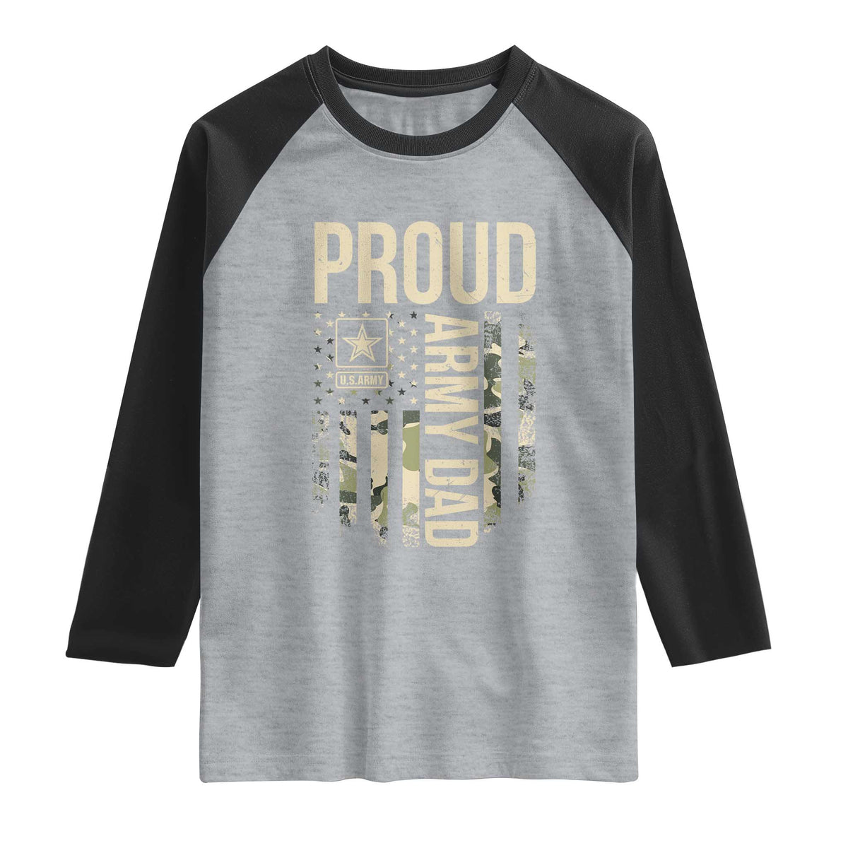 Proud Army Dad Camo American Flag Veteran Gift Raglan Shirt TS14 Heather Gray Black Print Your Wear