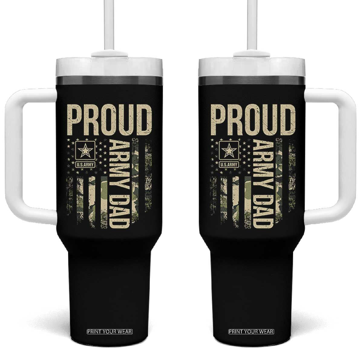 Proud Army Dad Camo American Flag Veteran Gift Tumbler With Handle TS14 One Size: 40 oz Black Print Your Wear