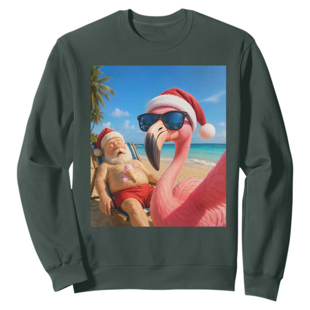 Funny Flamingo Beach Selfie Sweatshirt Christmas in July TS14 Dark Forest Green Print Your Wear
