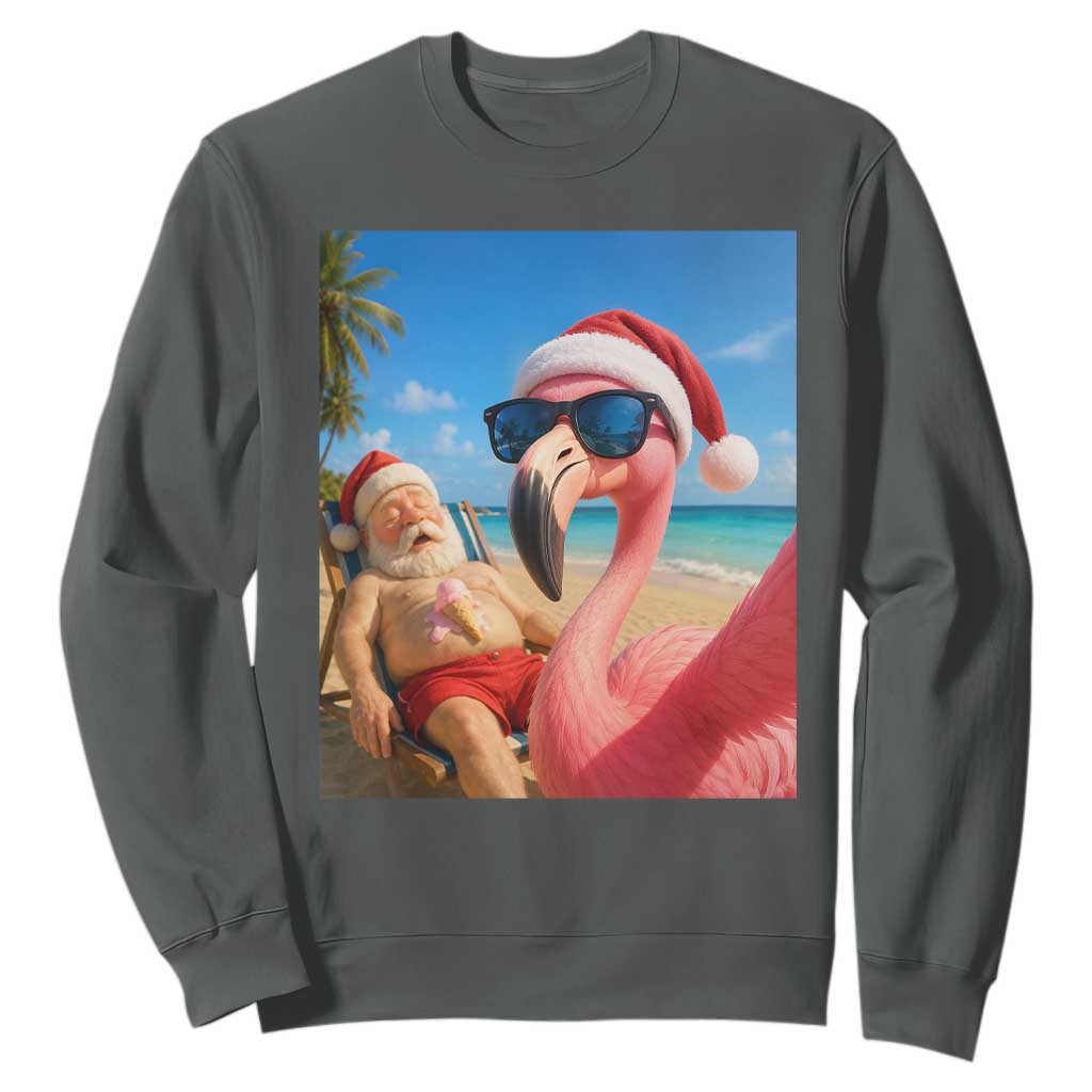 Funny Flamingo Beach Selfie Sweatshirt Christmas in July TS14 Dark Heather Print Your Wear