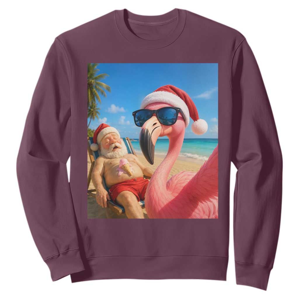 Funny Flamingo Beach Selfie Sweatshirt Christmas in July TS14 Maroon Print Your Wear