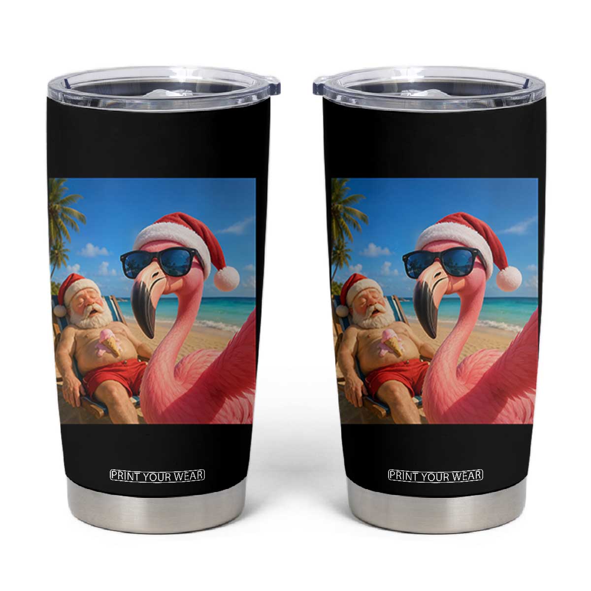 Funny Flamingo Beach Selfie Tumbler Cup Christmas in July TS14 Black Print Your Wear