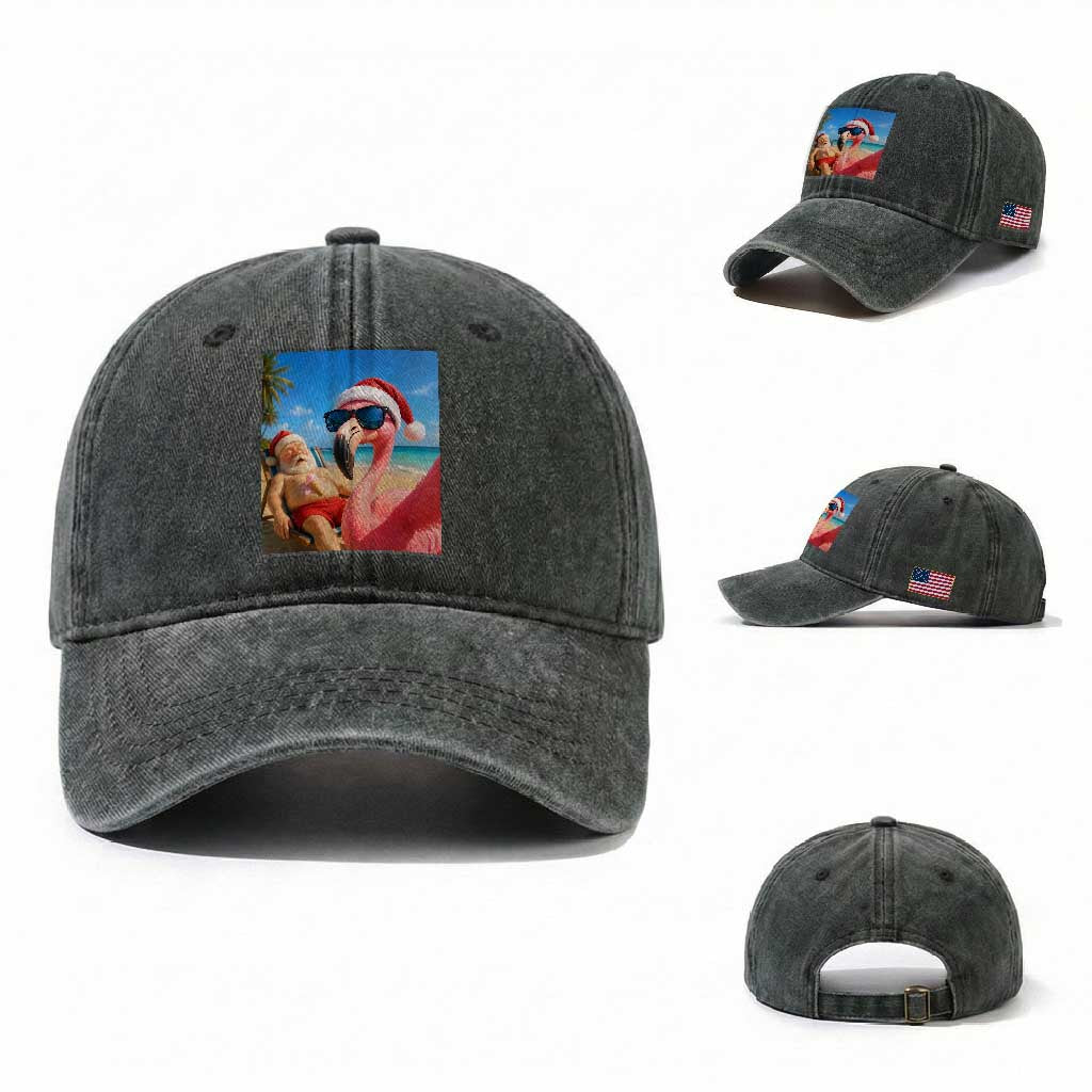 Funny Flamingo Beach Selfie Washed Cotton Baseball Cap Christmas in July TS14 Washed Cap Universal Fit Dark Green Print Your Wear
