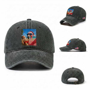 Funny Flamingo Beach Selfie Washed Cotton Baseball Cap Christmas in July TS14 Washed Cap Universal Fit Dark Green Print Your Wear