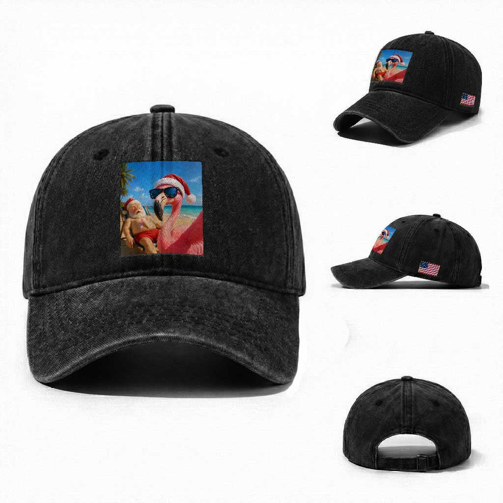 Funny Flamingo Beach Selfie Washed Cotton Baseball Cap Christmas in July TS14 Washed Cap Universal Fit Black Print Your Wear