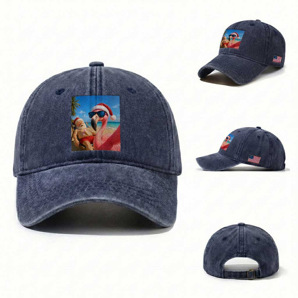 Funny Flamingo Beach Selfie Washed Cotton Baseball Cap Christmas in July TS14 Washed Cap Universal Fit Navy Print Your Wear