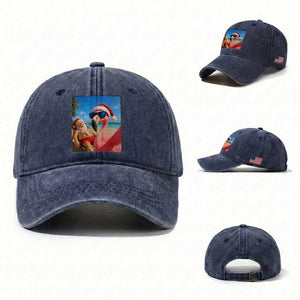 Funny Flamingo Beach Selfie Washed Cotton Baseball Cap Christmas in July TS14 Washed Cap Universal Fit Navy Print Your Wear